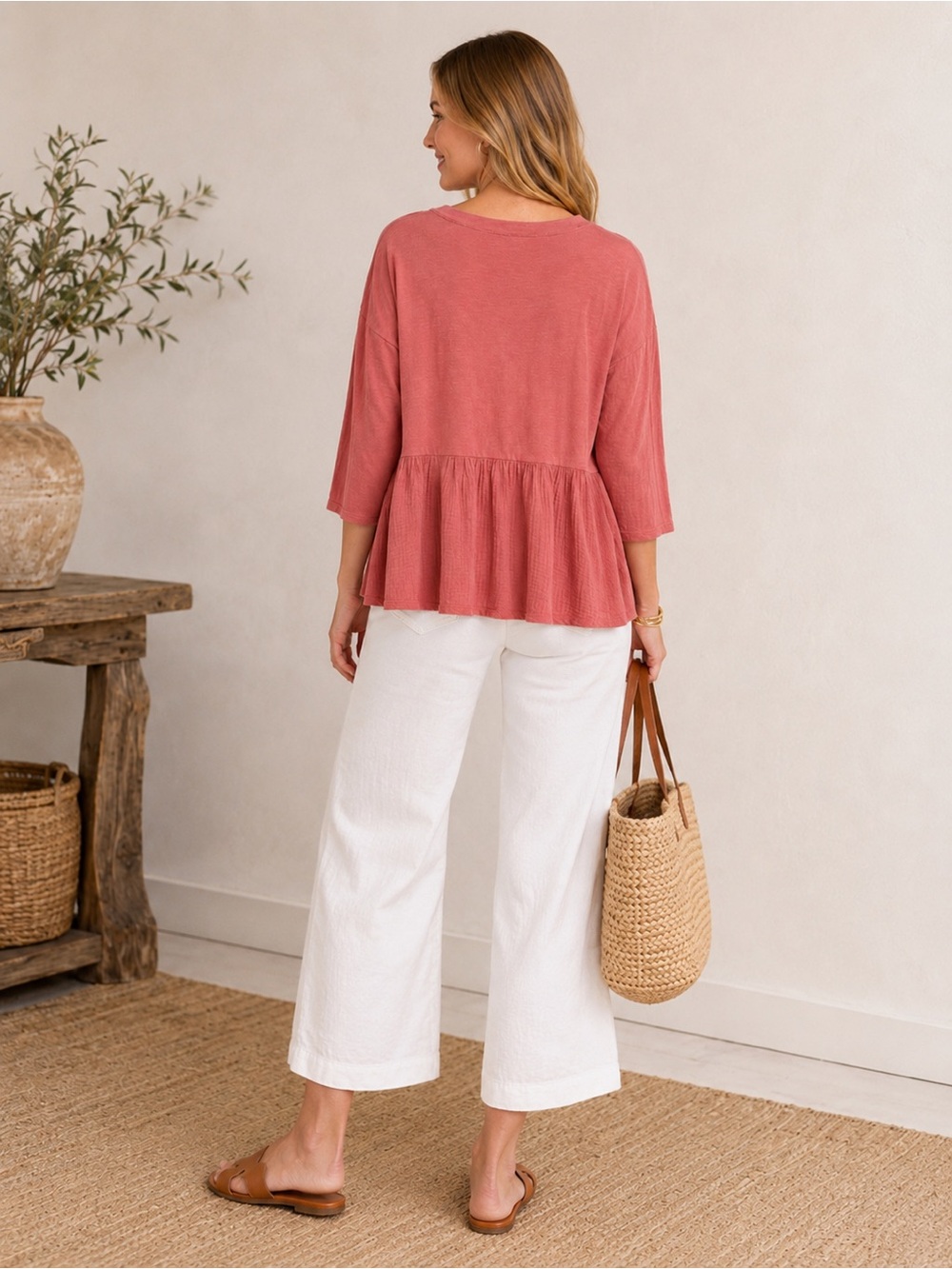 NWT Time and Tru 3/4 Sleeve Relaxed Peplum Top Blouse Coral/Pink Size Small - Picture 7 of 9